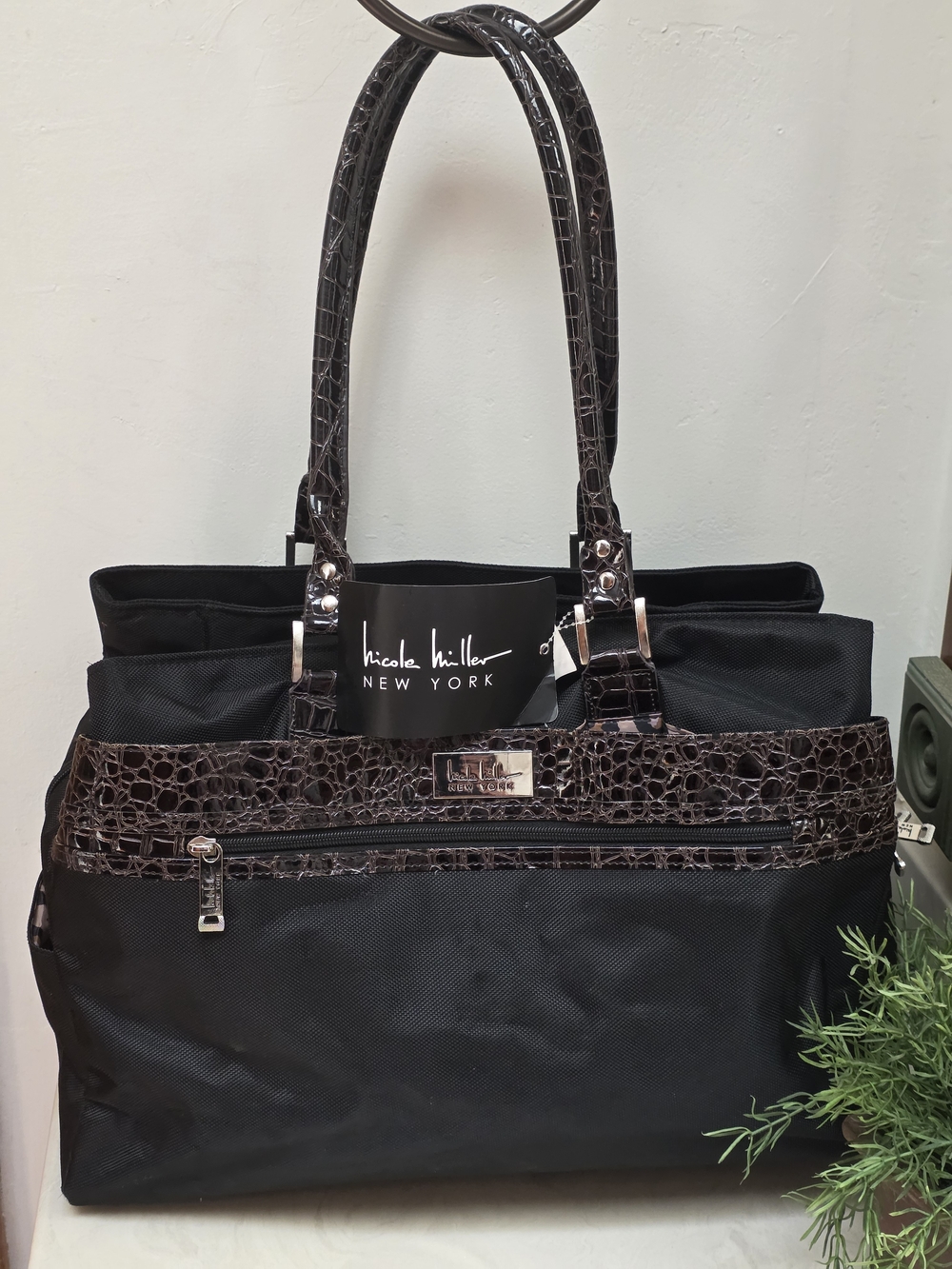 Nicole Miller New York XL Black Tote Travel Laptop Bag w/ Croc-Trim Handles NWT